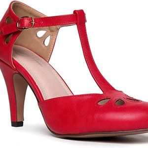 Red Retro Kitten Heel/Pumps with T Strap and 3" Heels